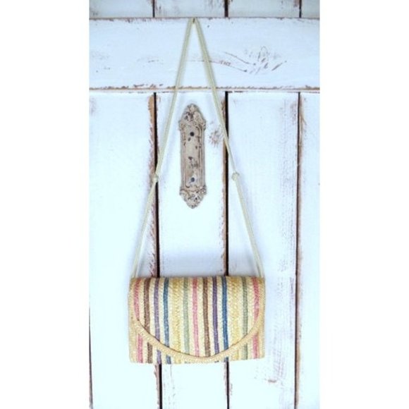 Vintage tan striped straw envelope shoulder purse - Picture 2 of 6